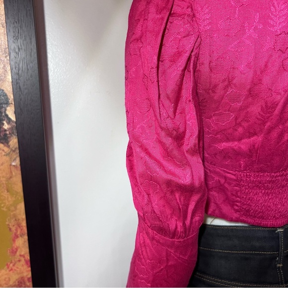 Anthropologie Rahi Rahi square Neck Puffy Sleeve Brocade Crop Top Pink small AB - Picture 5 of 11